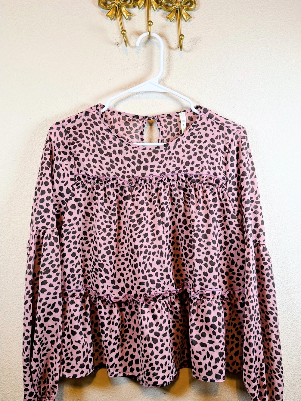 MTS Pink and Brown Leopard Ruffle Tiered Long Sleeve Blouse. Size S
